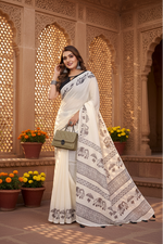 Load image into Gallery viewer, Women's Linen Cotton Printed Saree With Unstitched Blouse 5.5Mtr (Off White)
