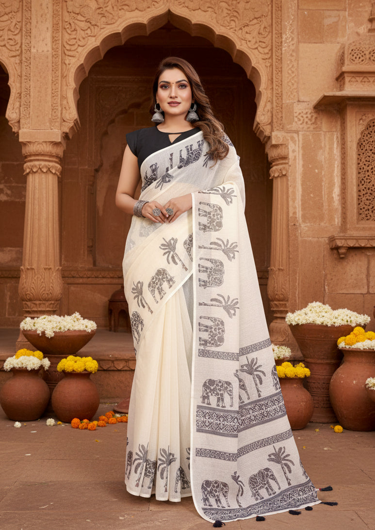 Women's Linen Cotton Printed Saree With Unstitched Blouse 5.5Mtr (Off White)