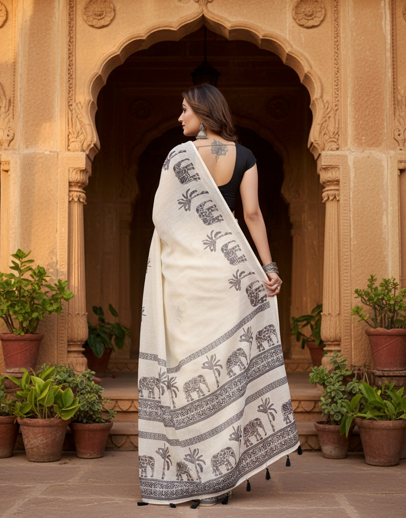 Women's Linen Cotton Printed Saree With Unstitched Blouse 5.5Mtr (Off White)