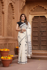 Load image into Gallery viewer, Women's Linen Cotton Printed Saree With Unstitched Blouse 5.5Mtr (Off White)

