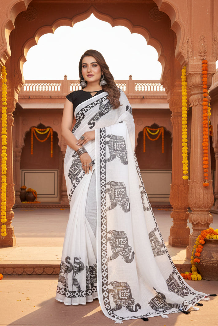Women's Linen Cotton Printed Saree With Unstitched Blouse 5.5Mtr (White)