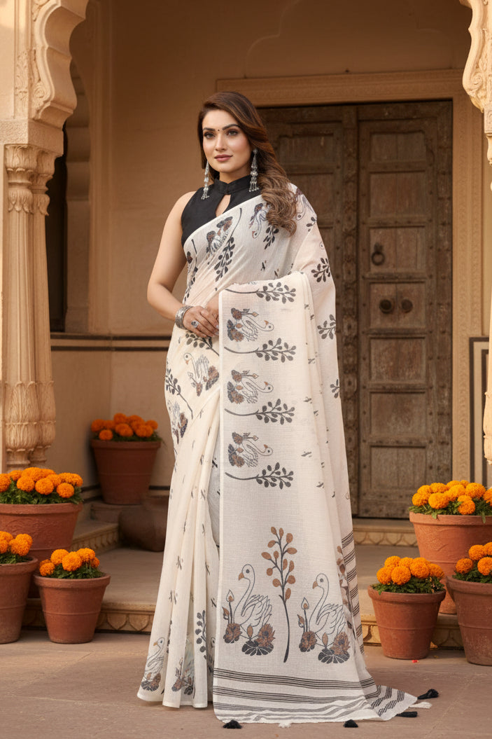 Pid 66183 women s soft linen cotton printed saree with unstitched blouse 5 5 mtr off white 1 1000x1000