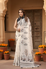 Load image into Gallery viewer, Women's Linen Cotton Printed Saree With Unstitched Blouse 5.5Mtr (Off White)
