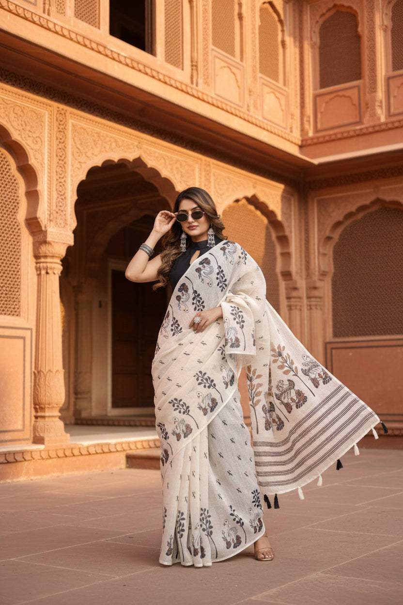 Women's Linen Cotton Printed Saree With Unstitched Blouse 5.5Mtr (Off White)