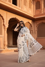 Load image into Gallery viewer, Women's Linen Cotton Printed Saree With Unstitched Blouse 5.5Mtr (Off White)
