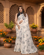 Load image into Gallery viewer, Women's Linen Cotton Printed Saree With Unstitched Blouse 5.5Mtr (Off White)
