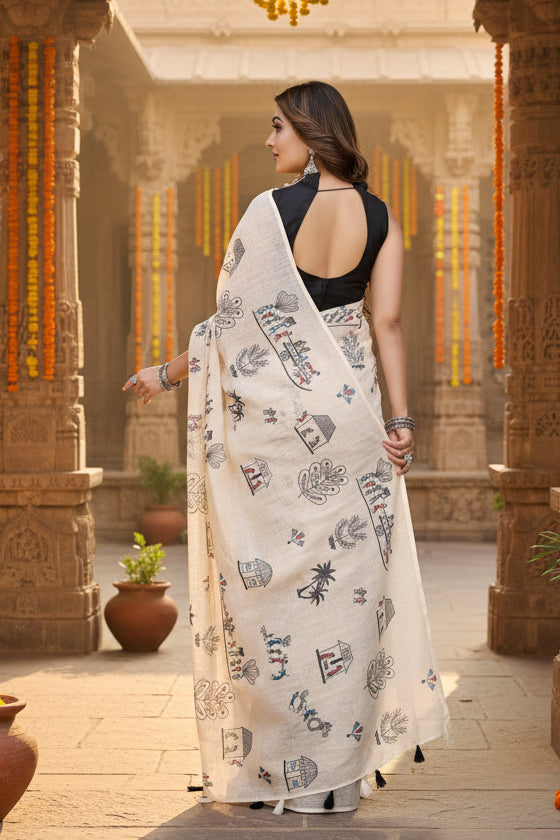 Women's Linen Cotton Printed Saree With Unstitched Blouse 5.5Mtr (Off White)