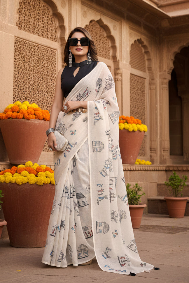Women's Linen Cotton Printed Saree With Unstitched Blouse 5.5Mtr (Off White)