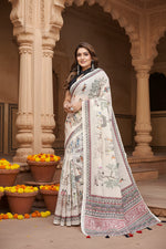Load image into Gallery viewer, Women's Linen Cotton Printed Saree With Unstitched Blouse 5.5Mtr (Off White)
