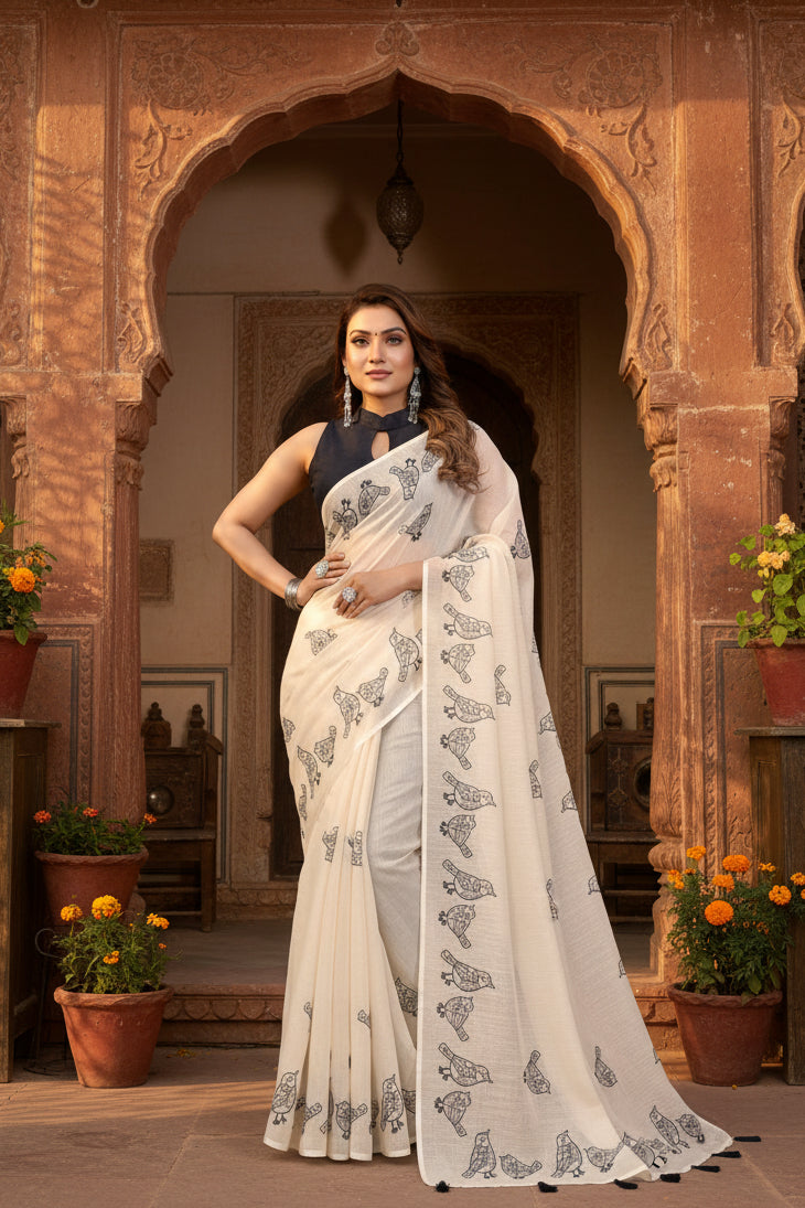 Women's Linen Cotton Printed Saree With Unstitched Blouse 5.5Mtr (Off White)