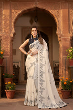 Load image into Gallery viewer, Women's Linen Cotton Printed Saree With Unstitched Blouse 5.5Mtr (Off White)
