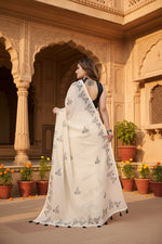 Load image into Gallery viewer, Women's Linen Cotton Printed Saree With Unstitched Blouse 5.5Mtr (Off White)

