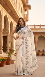 Load image into Gallery viewer, Women's Linen Cotton Printed Saree With Unstitched Blouse 5.5Mtr (Off White)
