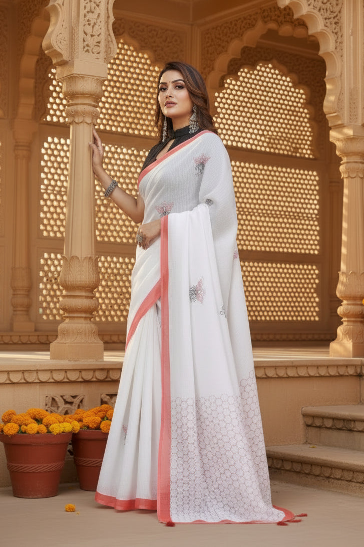 Women's Linen Cotton Printed Saree With Unstitched Blouse 5.5Mtr (White)