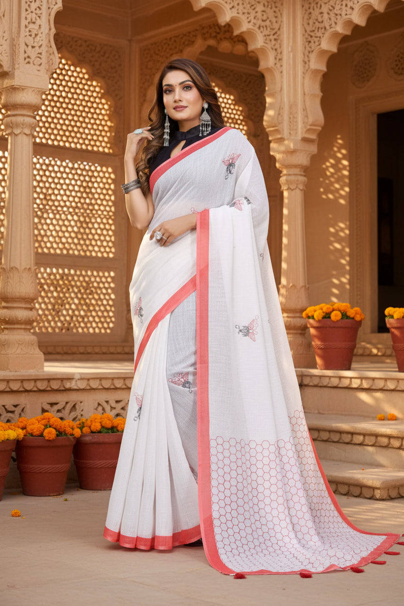 Women's Linen Cotton Printed Saree With Unstitched Blouse 5.5Mtr (White)