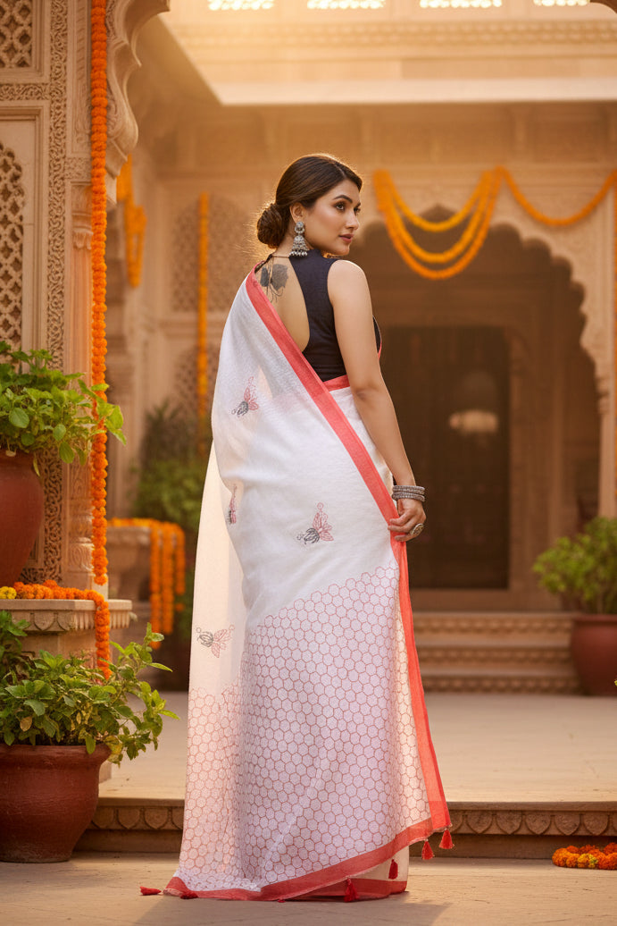 Women's linen cotton printed saree with unstitched blouse 5