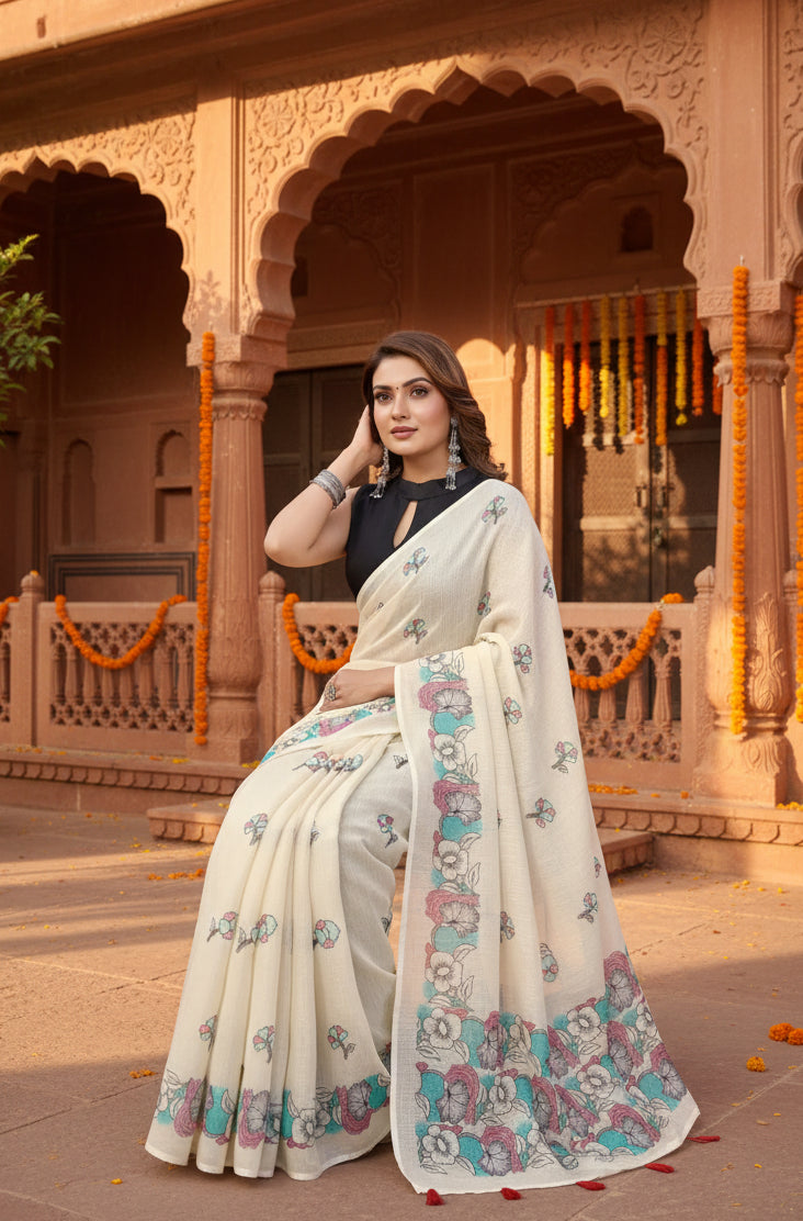 Women's linen cotton printed saree with unstitched blouse 5