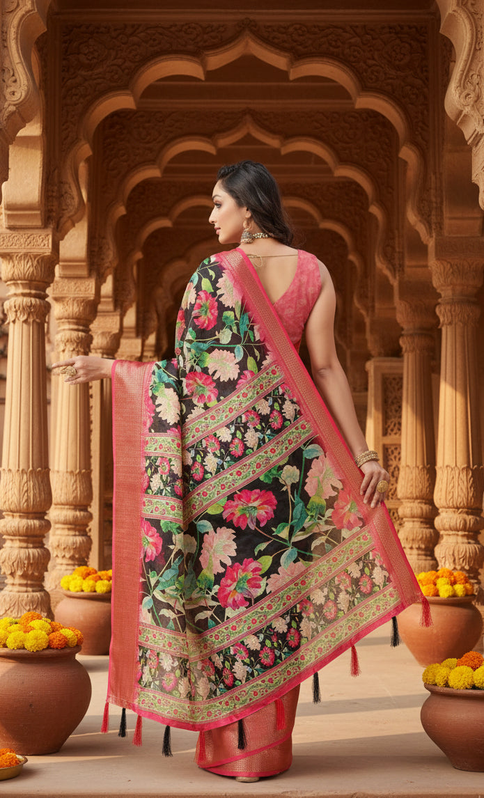 Women's Cotton Silk Floral Printed Saree With Unstitched Blouse 5.5Mtr (Black)