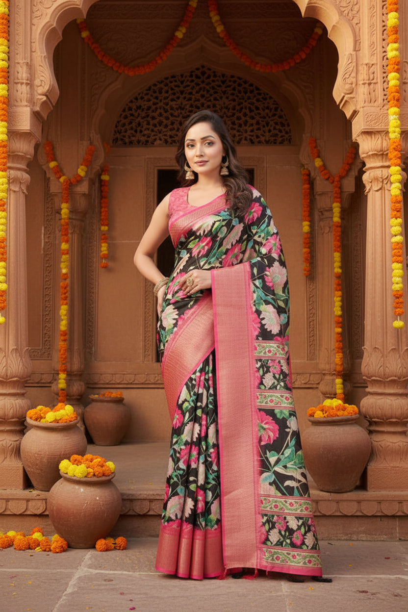 Women's Cotton Silk Floral Printed Saree With Unstitched Blouse 5.5Mtr (Black)