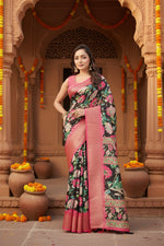 Load image into Gallery viewer, Women's Cotton Silk Floral Printed Saree With Unstitched Blouse 5.5Mtr (Black)

