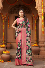Load image into Gallery viewer, Women's Cotton Silk Floral Printed Saree With Unstitched Blouse 5.5Mtr (Black)

