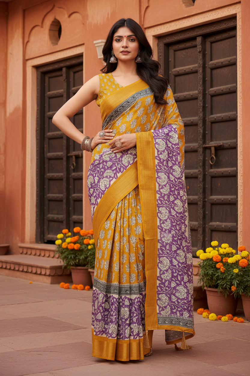 Women's Cotton Blend Printed Saree With Unstitched Blouse 5.5Mtr (Yellow)