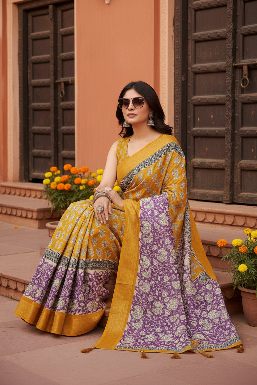 Women's Cotton Blend Printed Saree With Unstitched Blouse 5.5Mtr (Yellow)