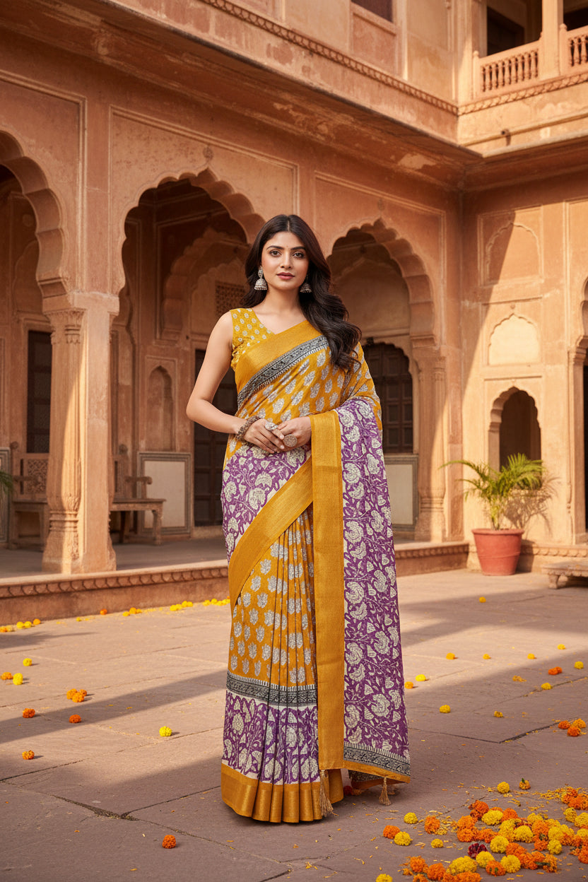 Women's Cotton Blend Printed Saree With Unstitched Blouse 5.5Mtr (Yellow)