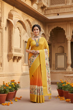 Load image into Gallery viewer, Women's Cotton Blend Floral Printed Saree With Unstitched Blouse 5.5Mtr (Lemon Yellow)

