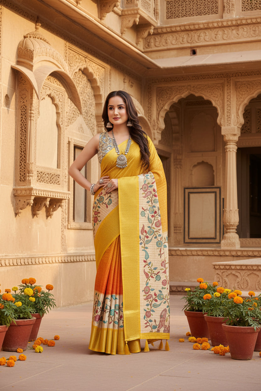 Women's Cotton Blend Floral Printed Saree With Unstitched Blouse 5.5Mtr (Lemon Yellow)