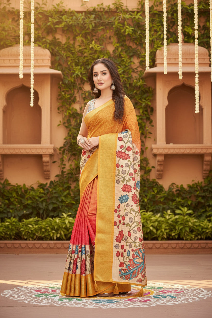 Women's Cotton Blend Floral Printed Saree With Unstitched Blouse 5.5Mtr (Yellow)