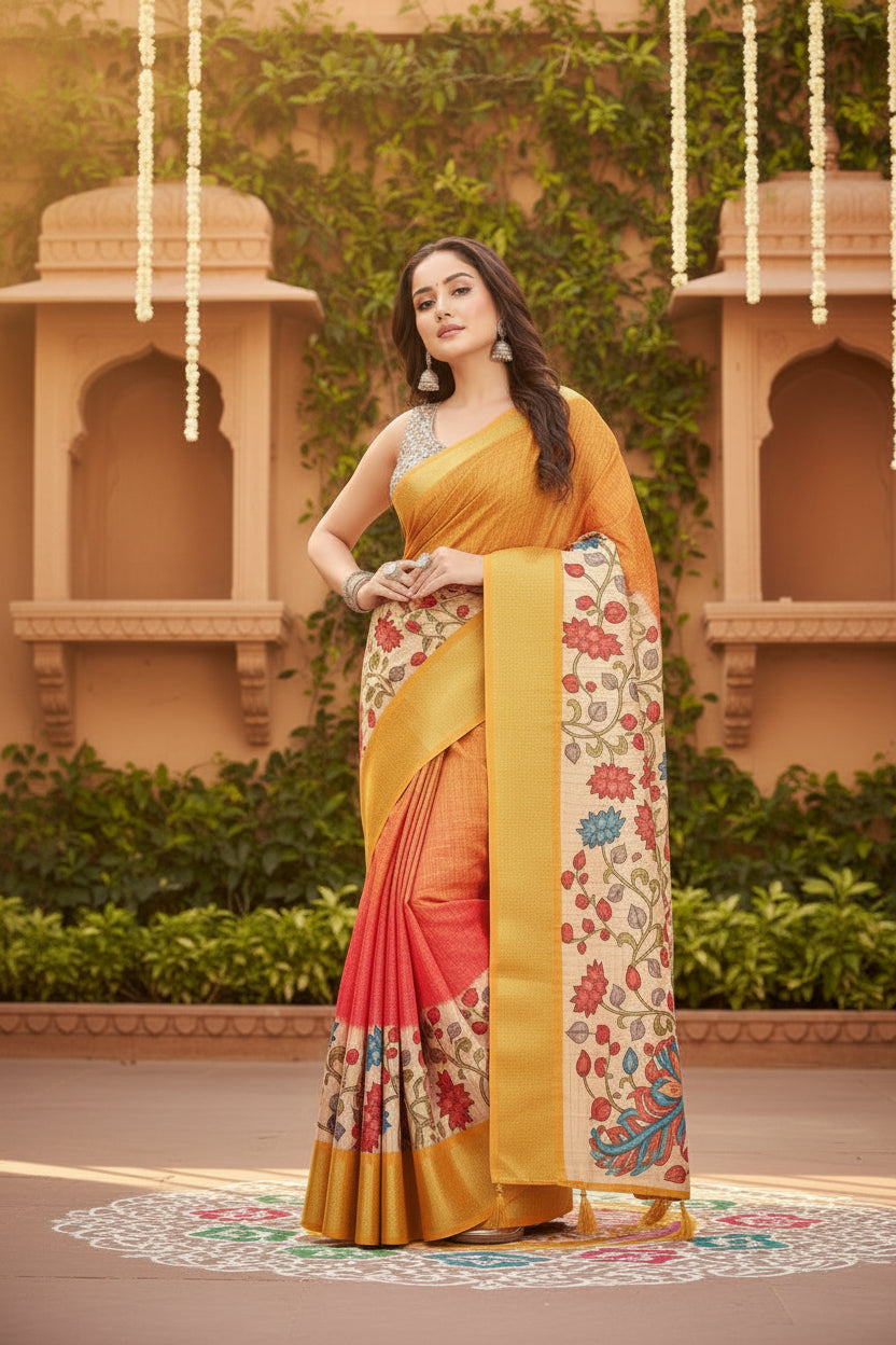 Women's Cotton Blend Floral Printed Saree With Unstitched Blouse 5.5Mtr (Yellow)