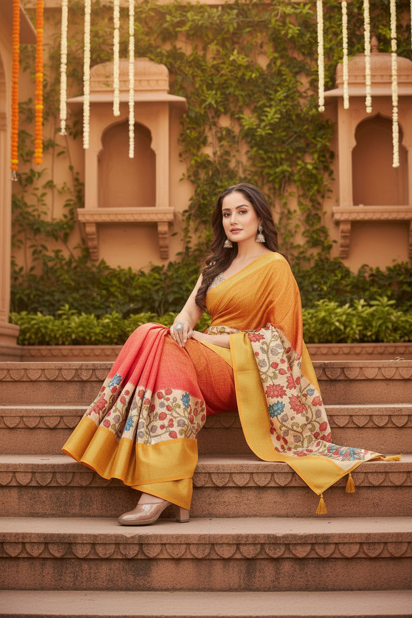 Women's Cotton Blend Floral Printed Saree With Unstitched Blouse 5.5Mtr (Yellow)