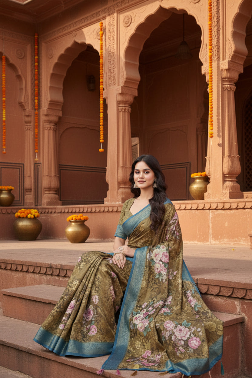Women's Cotton Blend Floral Printed Saree With Unstitched Blouse 5.5Mtr (Multicolor)