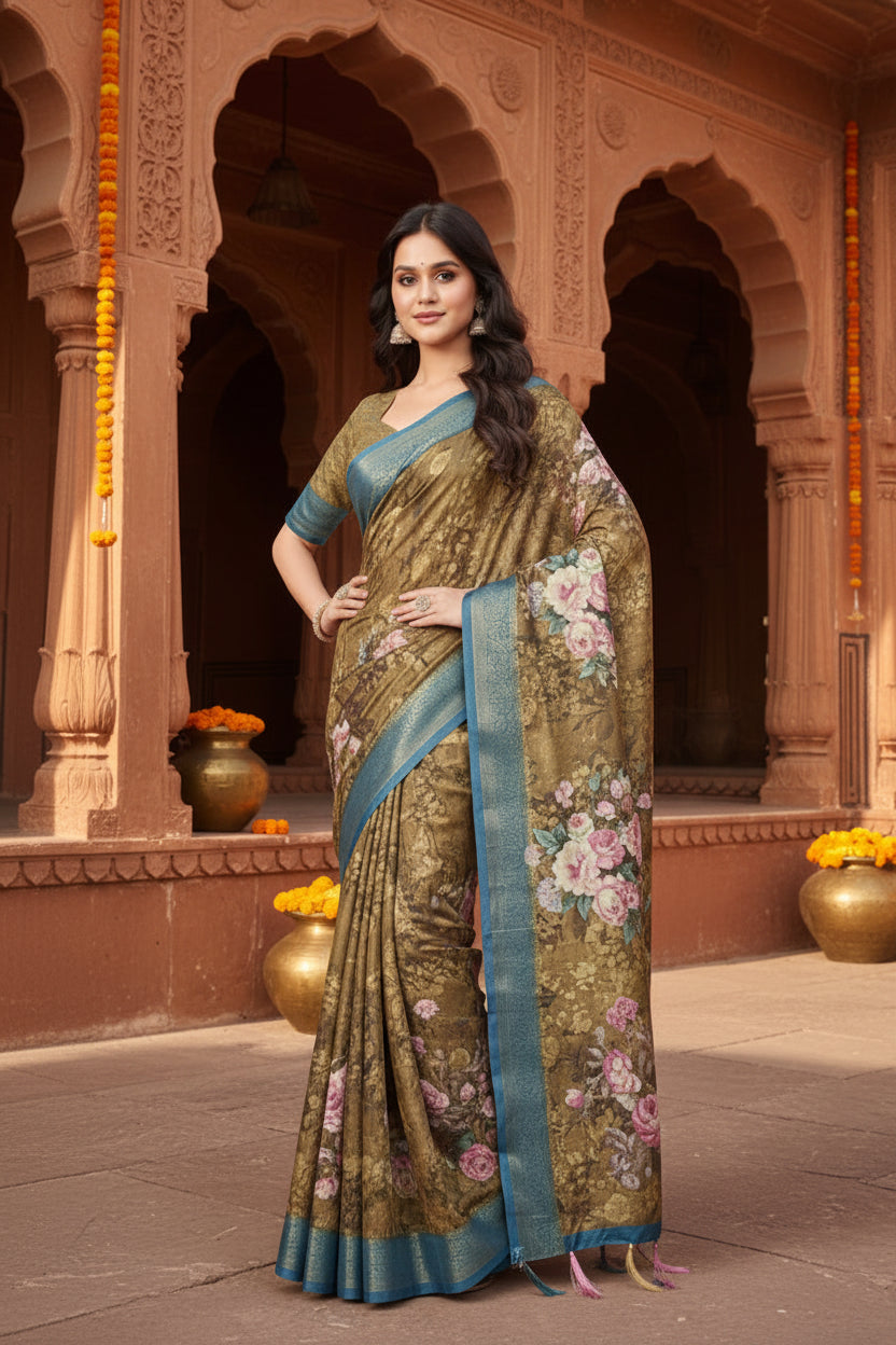 Women's Cotton Blend Floral Printed Saree With Unstitched Blouse 5.5Mtr (Multicolor)