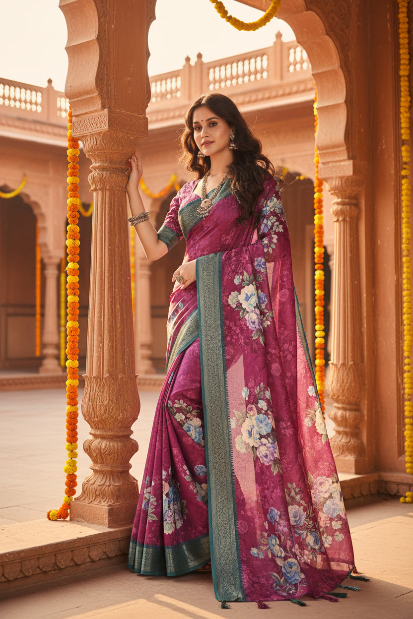 Women's Cotton Blend Floral Printed Saree With Unstitched Blouse 5.5Mtr (Multicolor)