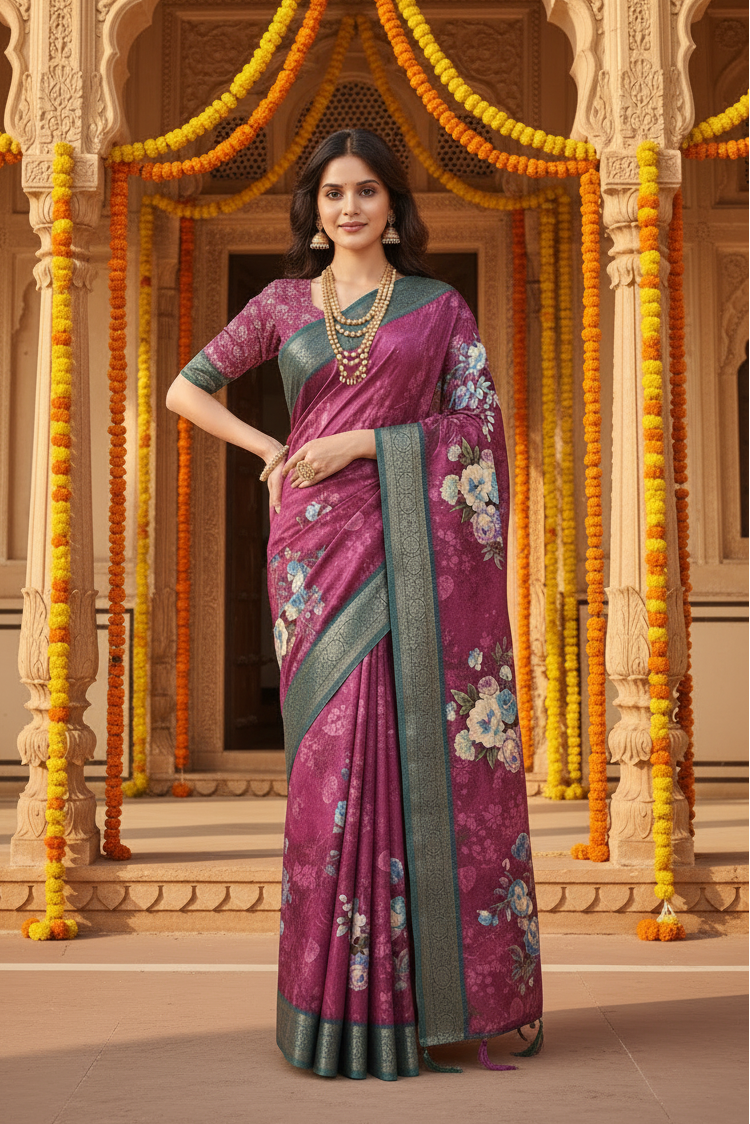 Women's Cotton Blend Floral Printed Saree With Unstitched Blouse 5.5Mtr (Multicolor)
