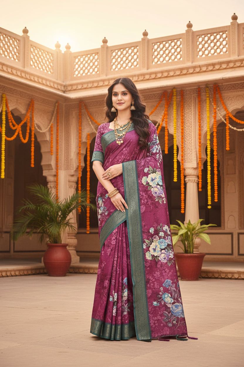 Women's Cotton Blend Floral Printed Saree With Unstitched Blouse 5.5Mtr (Multicolor)