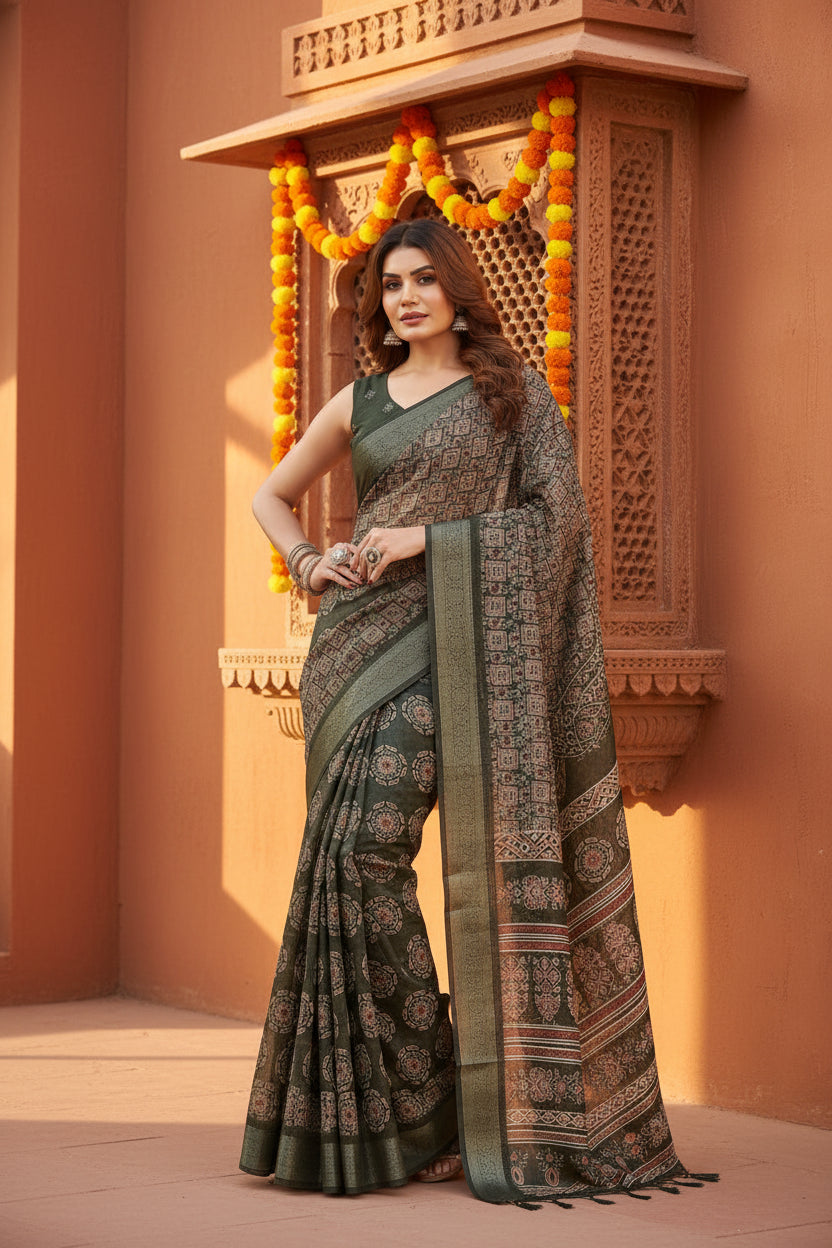Generic Women's Cotton Blend Printed Saree With Unstitched Blouse 5.5Mtr (Black)