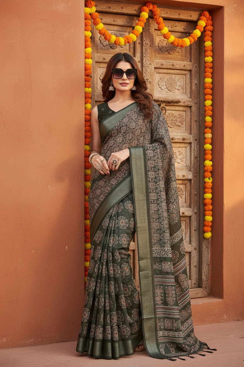 Generic Women's Cotton Blend Printed Saree With Unstitched Blouse 5.5Mtr (Black)