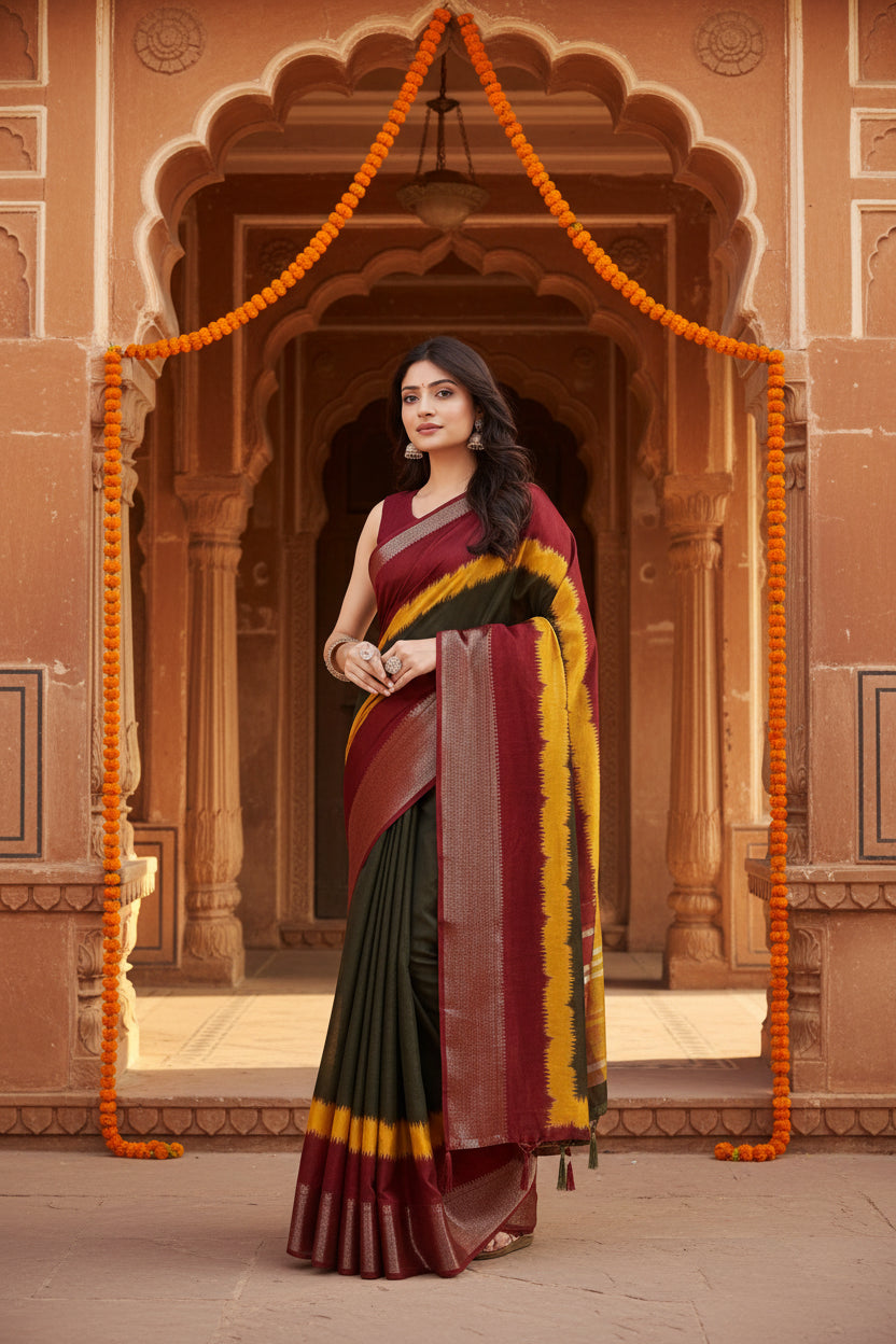 Women's Cotton Silk Solid Saree With Unstitched Blouse 5.5Mtr (Multicolor)