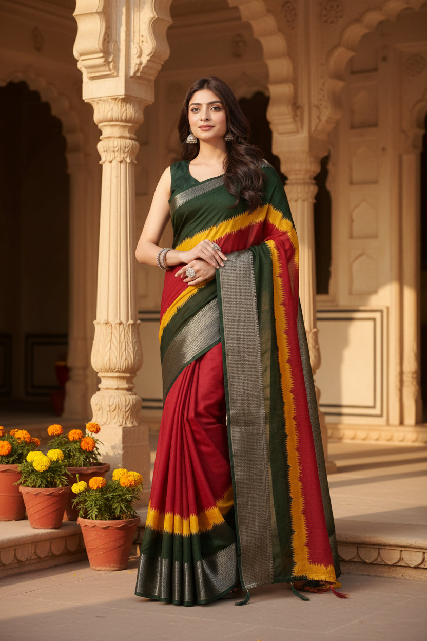Women's Cotton Silk Solid Saree With Unstitched Blouse 5.5Mtr (Multicolor)