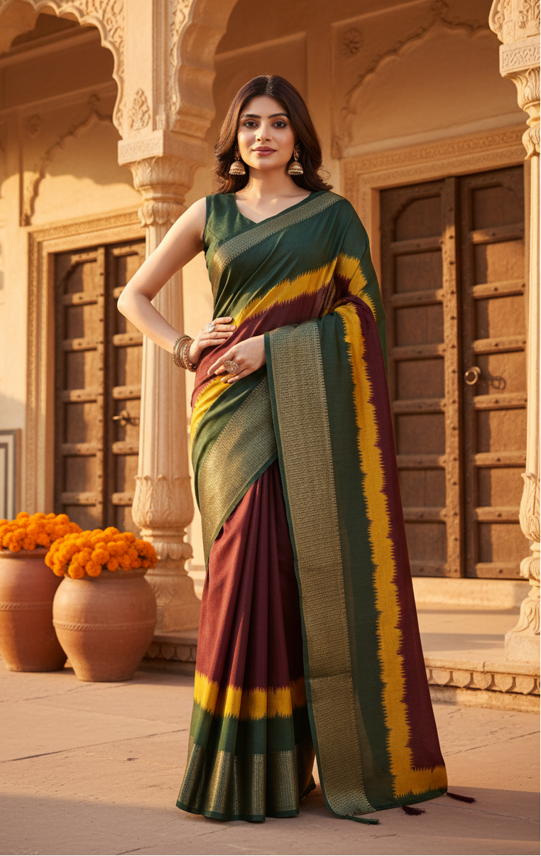 Women's Cotton Silk Solid Saree With Unstitched Blouse 5.5Mtr (Multicolor)