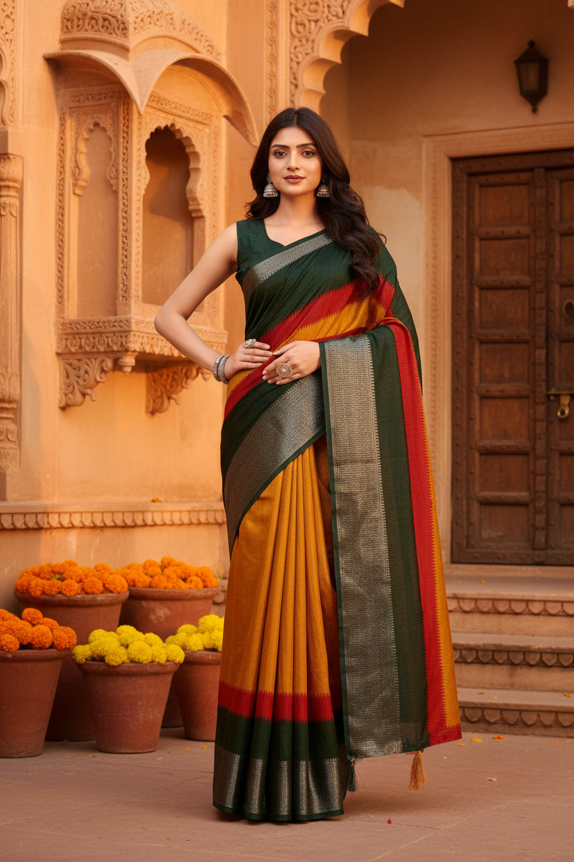 Women's Cotton Silk Solid Saree With Unstitched Blouse 5.5Mtr (Multicolor)