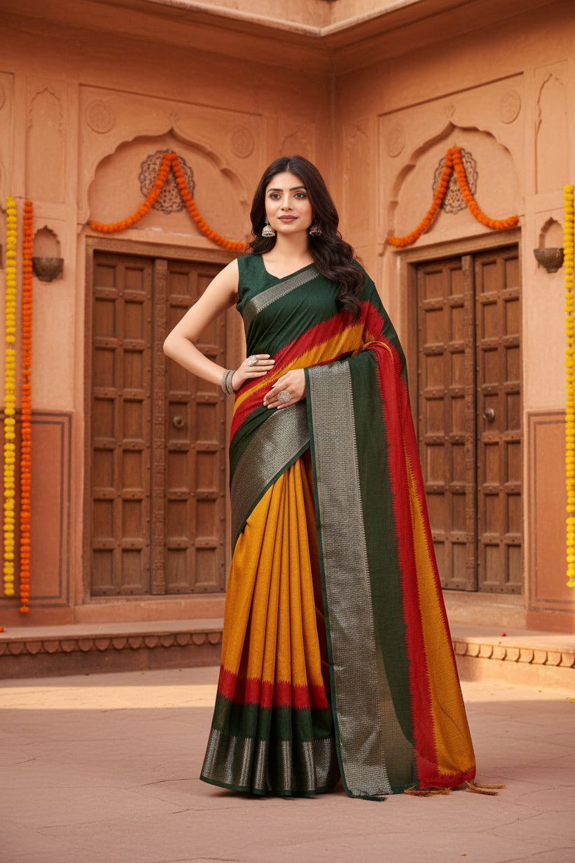 Women's Cotton Silk Solid Saree With Unstitched Blouse 5.5Mtr (Multicolor)