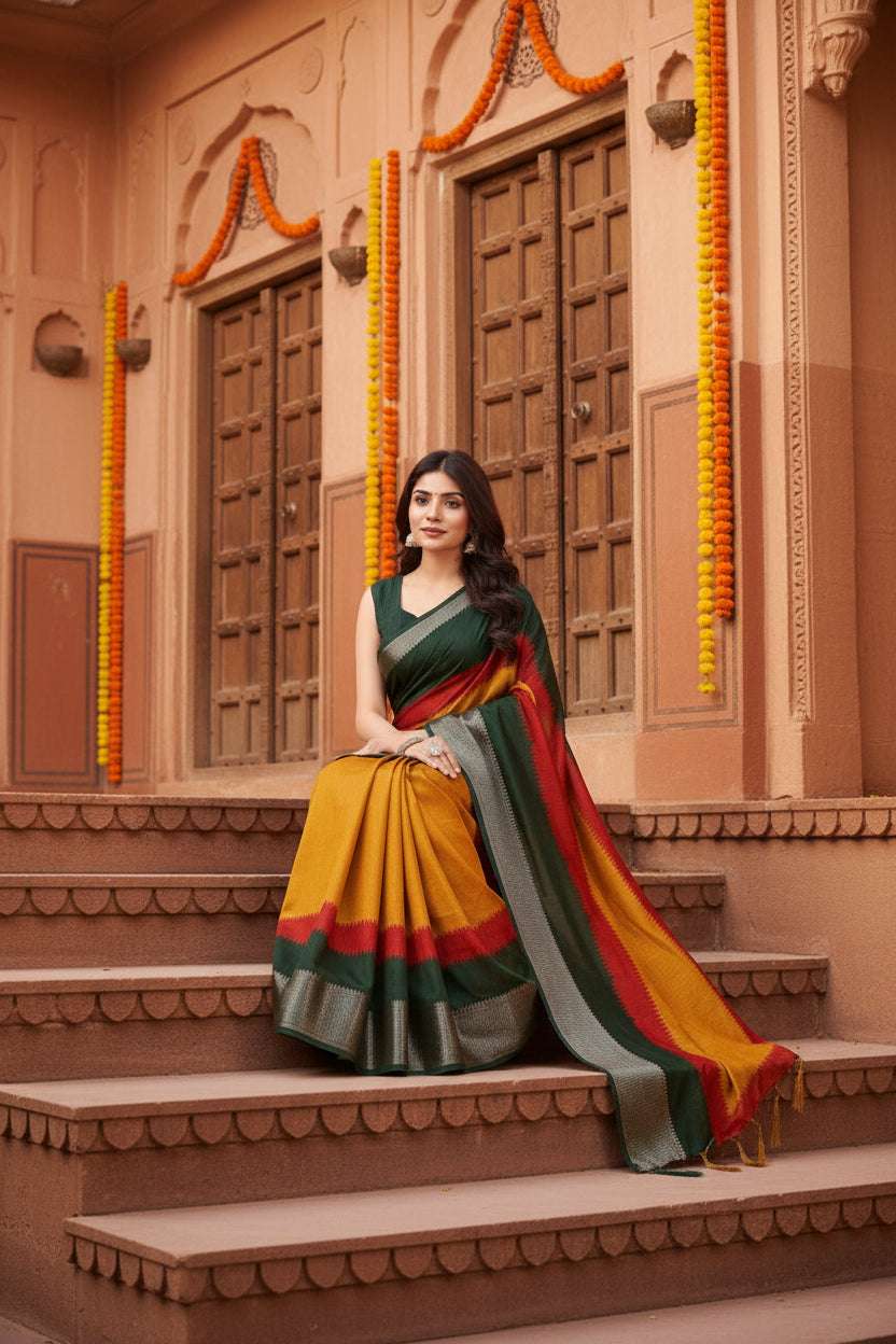 Women's Cotton Silk Solid Saree With Unstitched Blouse 5.5Mtr (Multicolor)