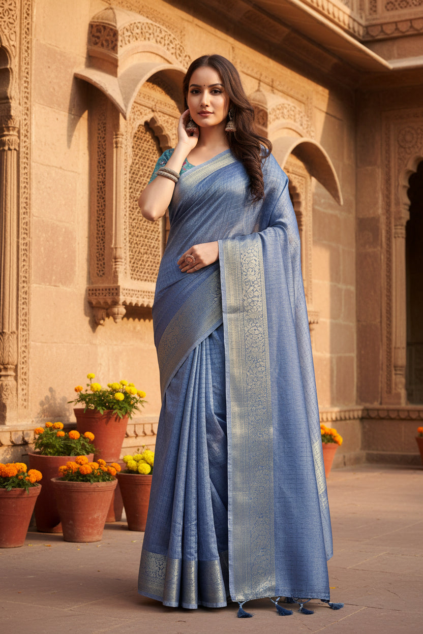 Women's Cotton Blend Checkered Saree With Unstitched Blouse 5.5Mtr (Blue)