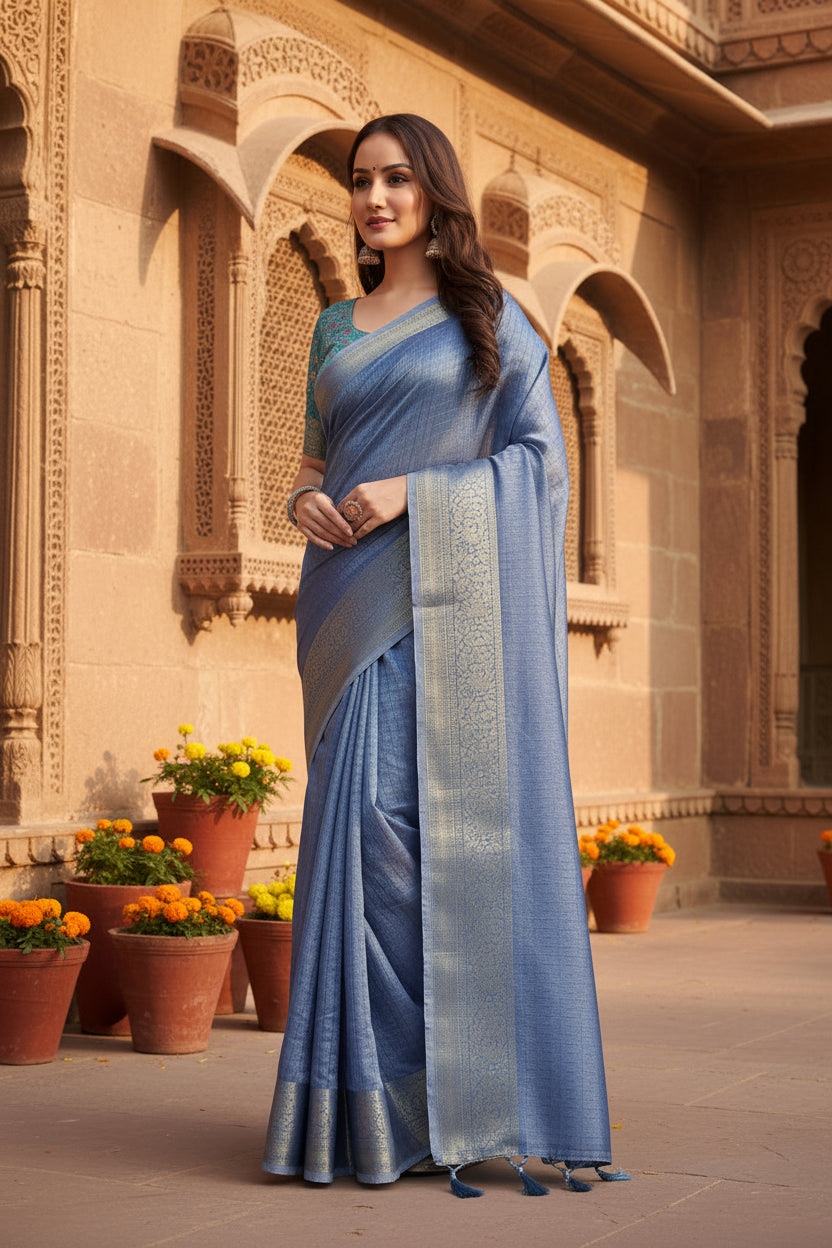 Women's Cotton Blend Checkered Saree With Unstitched Blouse 5.5Mtr (Blue)