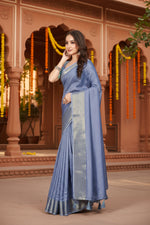Load image into Gallery viewer, Women's Cotton Blend Checkered Saree With Unstitched Blouse 5.5Mtr (Blue)
