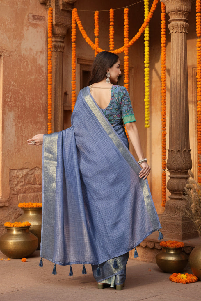 Women's Cotton Blend Checkered Saree With Unstitched Blouse 5.5Mtr (Blue)